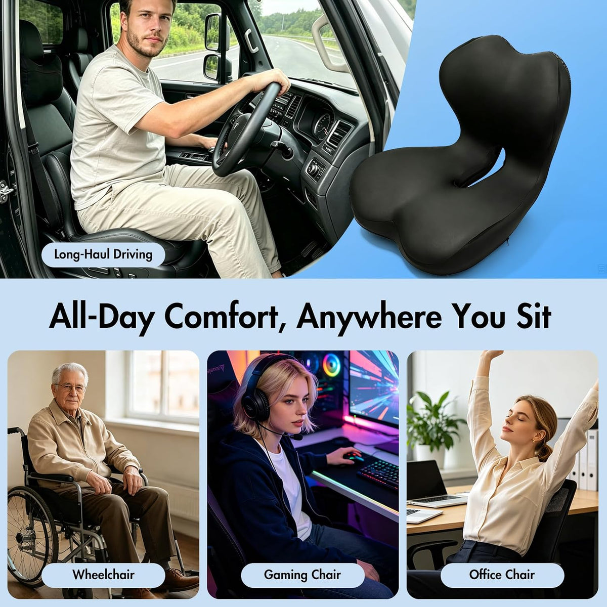 Memory Foam Car Seat Cushion, Ergonomic Coccyx Cushion for Tailbone & Back