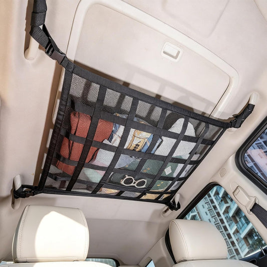 Upgrade Car Ceiling Cargo Net Pocket,31.5"x21.6" Double-Layer Roof Storage Organizer,Overhead Net for SUV & Van Camping,Travel Road Trips,Van Life Essentials,Fit 4 Handle Vehicles