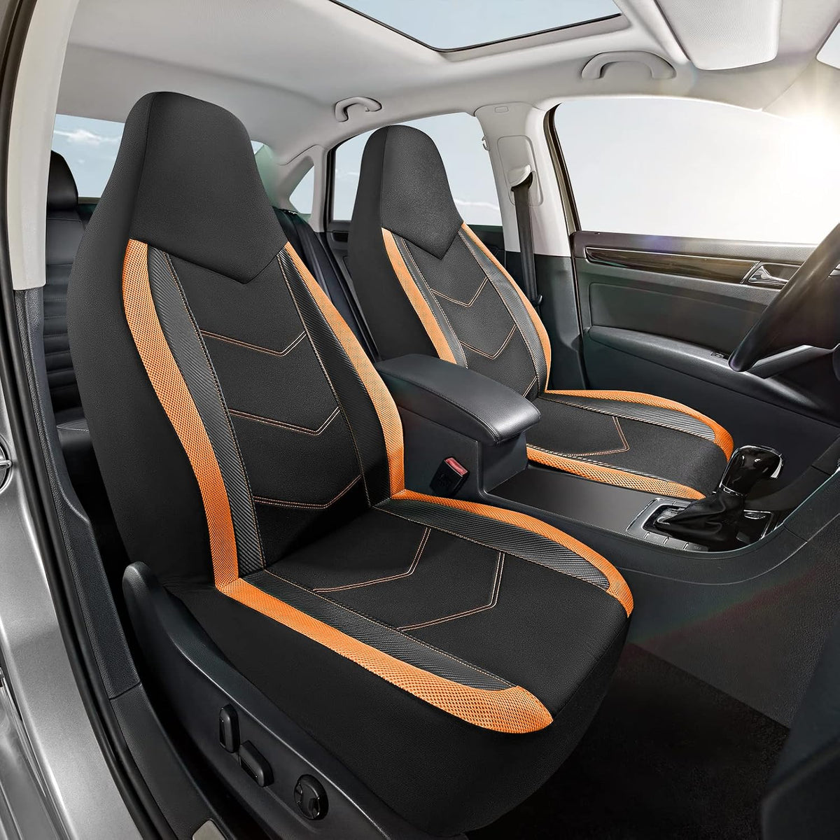 PIC AUTO High Back Front Car Seat Covers - Sports Carbon Fiber Mesh Design, Two Front Set, Airbag Compatible, Universal Fit for Most Cars (Orange)