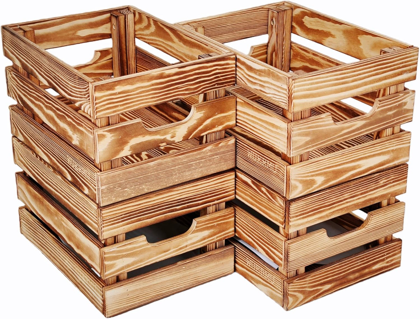 Flame-Treated Wood Crates, Rustic Brown Storage Boxes Set of 4 for Organization, Tool Storage, Wine or Camping, 12.2 Inch Multi-Purpose Crate.