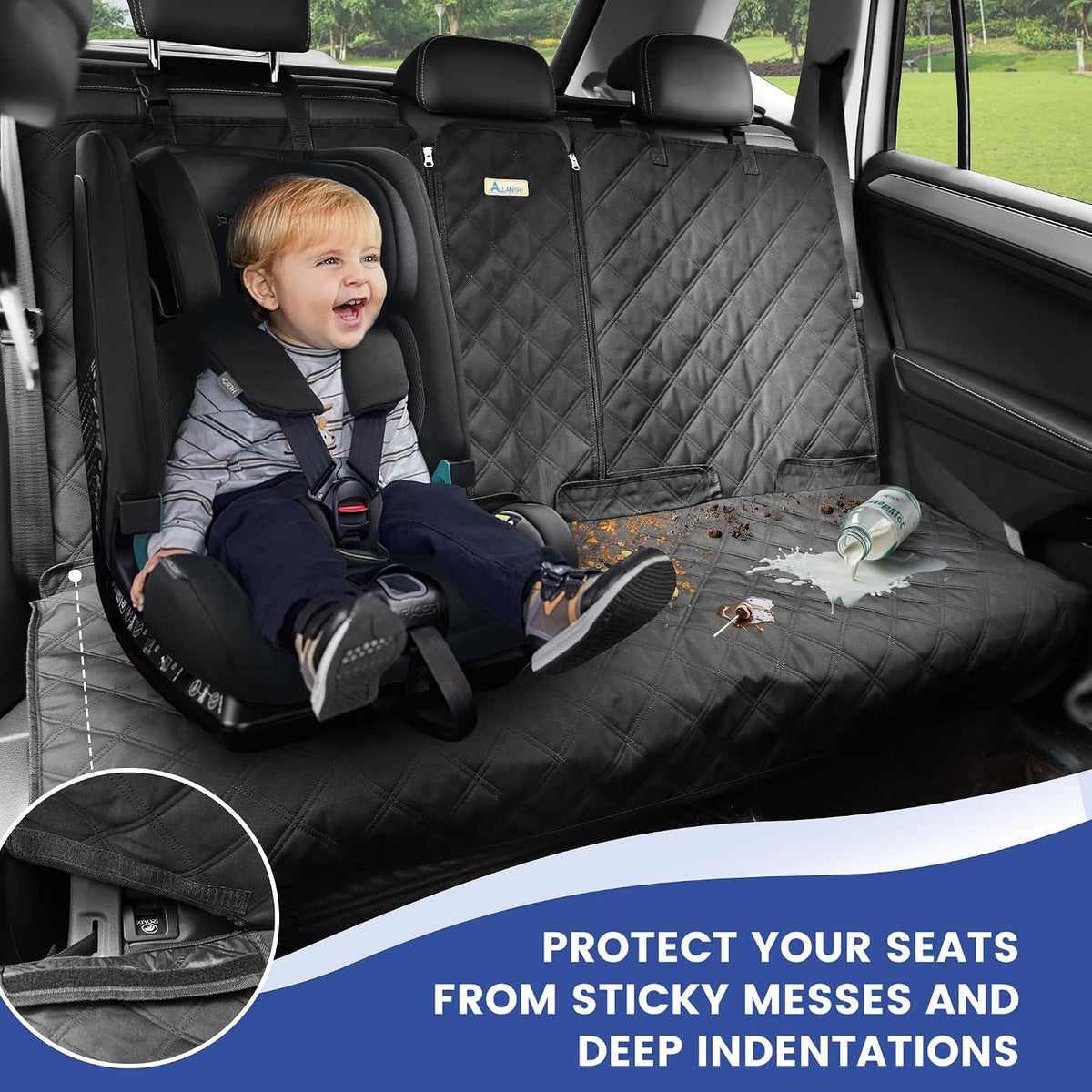 ALLANSING Back Seat Cover - 900D Oxford Waterproof Car Seat Protector, Fits Cars/SUVs/Trucks, Split Bench, Non-Slip, for Messy Kids & Drooling Dogs, Easy Clean(Black)