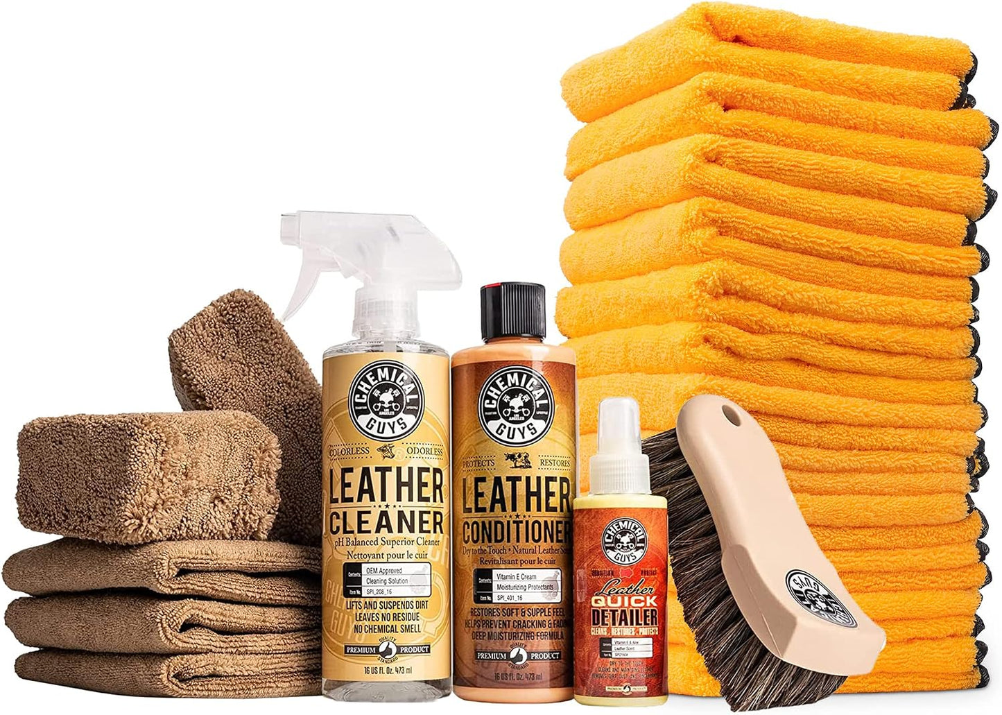 Chemical Guys Leather and Microfiber Car Detailing Kit with Cleaner, Conditioner and Towels (9+12=21 Pieces)