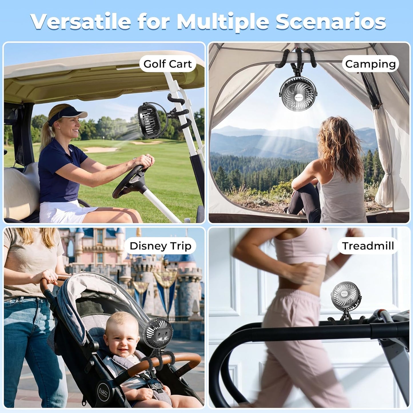 AMACOOL Battery Operated Stroller Fan, Baby Travel Essentials for Beach Disney, Newborn Boy & Girl Showers Gifts Registry Search, Rechargeable Clip On Fan for Car Seat Wagon Crib Bike Treadmill