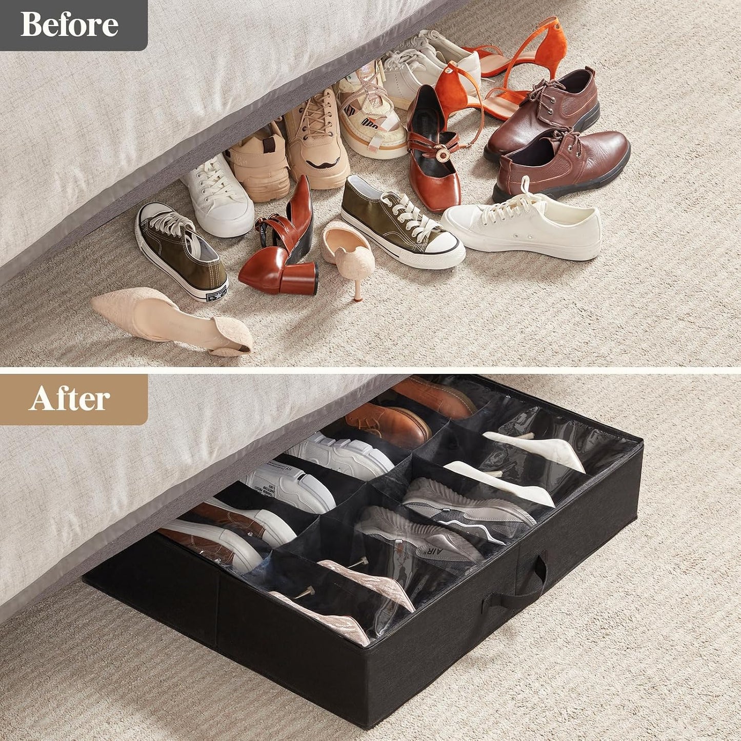 Lifewit Under Bed Shoe Storage Organizer 2 Pack(12 Shoes Cells), 4.3 Inches Profile Fabric Shoes Container Box with Clear Cover, Foldable Storage Bag with 2 Handles, Fits 12 to 24 Pairs