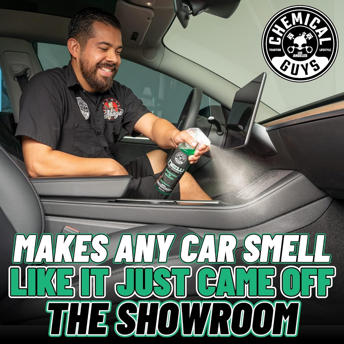 Chemical Guys New Car Scent Air Freshener and Odor Eliminator, 16 fl oz with 3 Pack of Hanging Air Fresheners (Great for Cars, Trucks, SUVs, RVs, Home, Office, Dorm Room & More) - HOL459