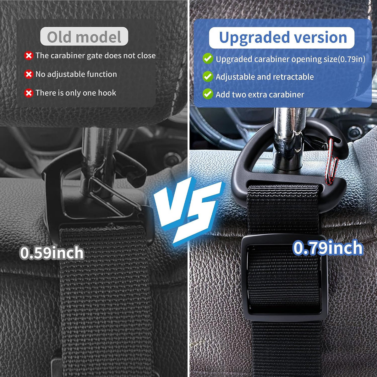 Purse Hook for Car, Adjustable Headrest Hooks & Hat Clip (4 Pack)