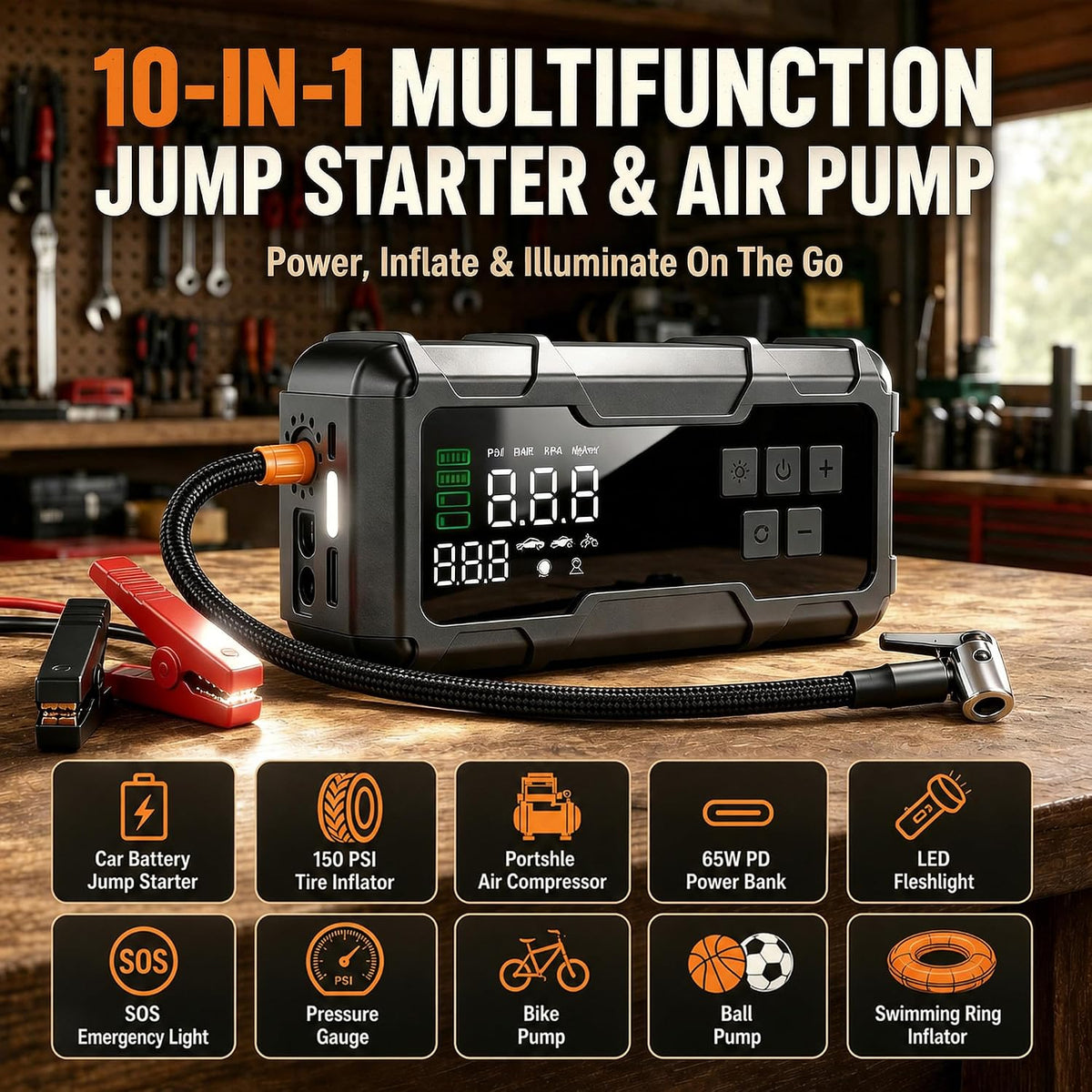 9000A Car Jump Starter with Air Compressor, Portable Battery Booster Pack Tire Inflator, Power Bank Cars Owner SUVs Trucks Road Trips Gift
