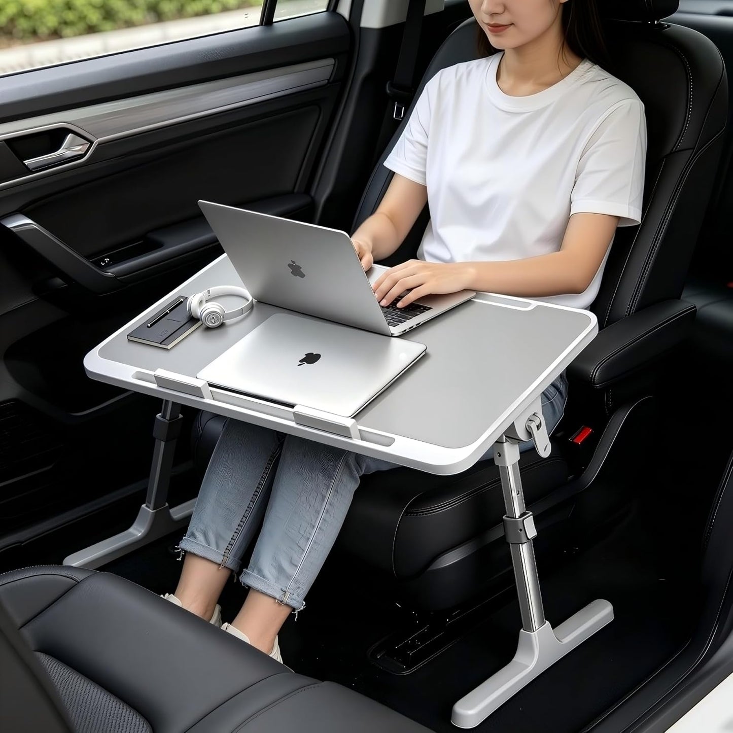Large Car Seat Tray Table, 22.5"×12.6" Foldable Travel Table in Car, Height Adjustable Lap Bed Desk for Laptop, Rear Seat Eating Writing Tray with Slot, Car Travel Essentials for Long Trips, Grey