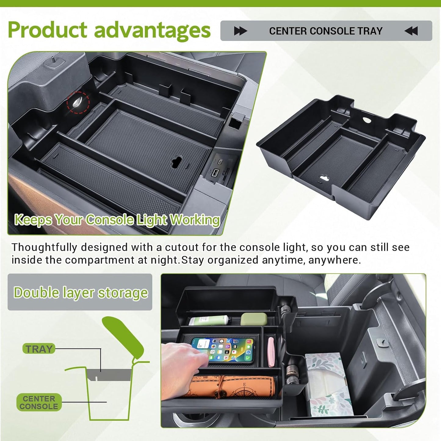 HGWEI Center Console Hidden Compartment Organizer Compatible with (2019-2022) Chevy Silverado/GMC Sierra 1500 and (2020-2023) 2500HD/3500HD Accessories Armrest Storage Tray - Full w/Bucket Seats ONLY
