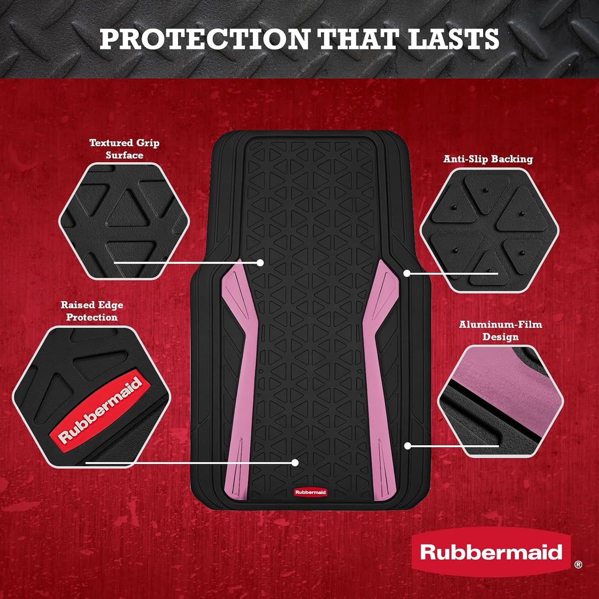 Rubbermaid Car Floor Mats Full Set, Premium Heavy Duty All-Weather Car Mats– Rugged Rubber with Brushed Aluminum Inserts, Universal Trim-to-Fit, Anti-Slip Backing for Cars, SUVs, Trucks & Vans - Pink