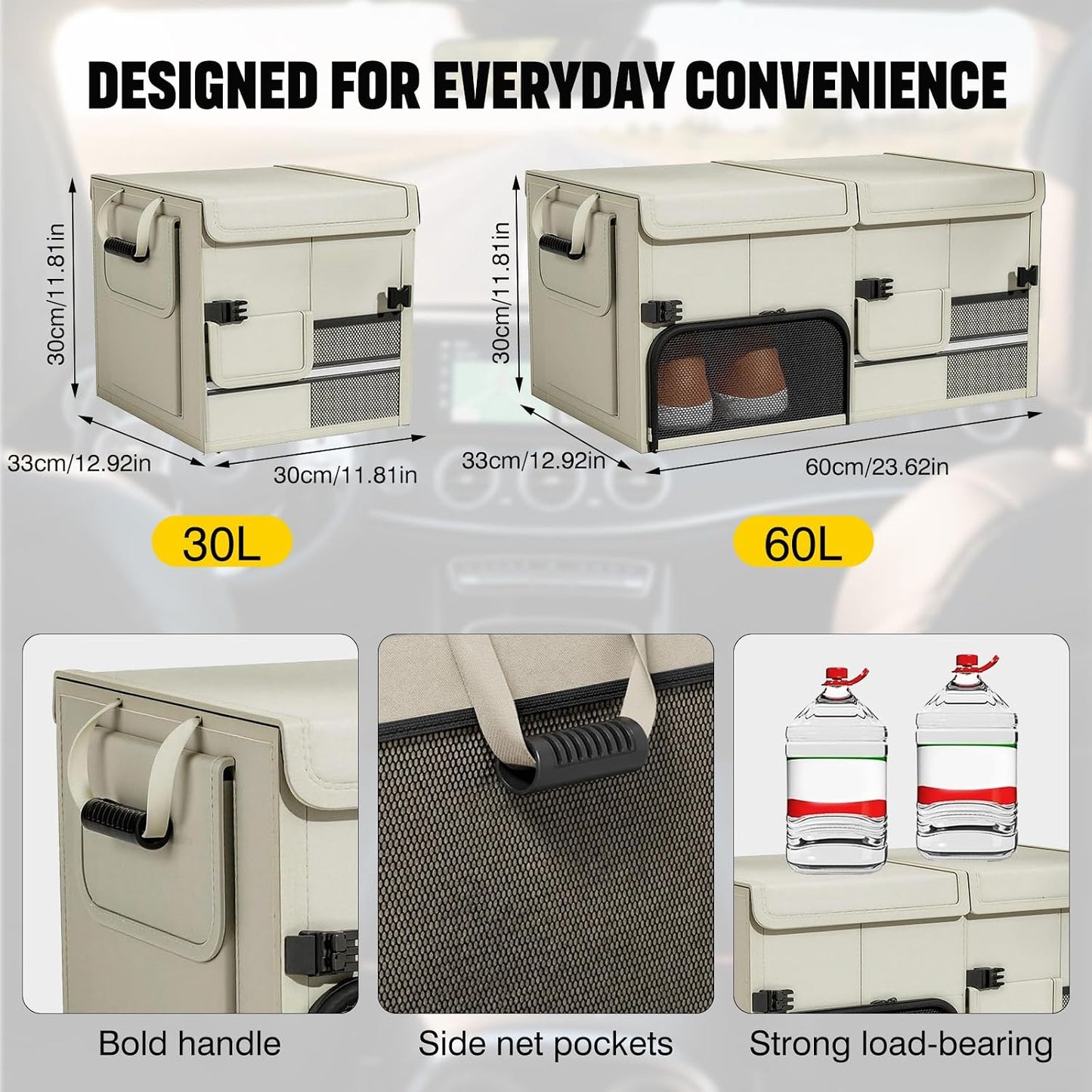 Foldable Car Trunk Organizer with Multi-Compartment – Expandable 30-60L Storage Bin, Side Mesh Pockets, Waterproof 600D Oxford Cloth, Car Accessories for SUV/Truck/Sedan, Beige, 23.6"x13.0"x11.8"