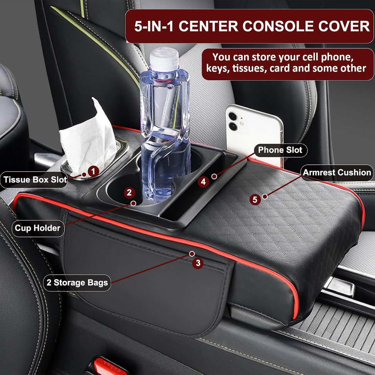 Center Console Cover,Car Armrest Cushion Multifunctional with 2 Storage Bags Cup Holder,Phone Slot,Tissue Box Slot for Most Cars Accessories Interior Organizers-Black 13.8x7.9 in