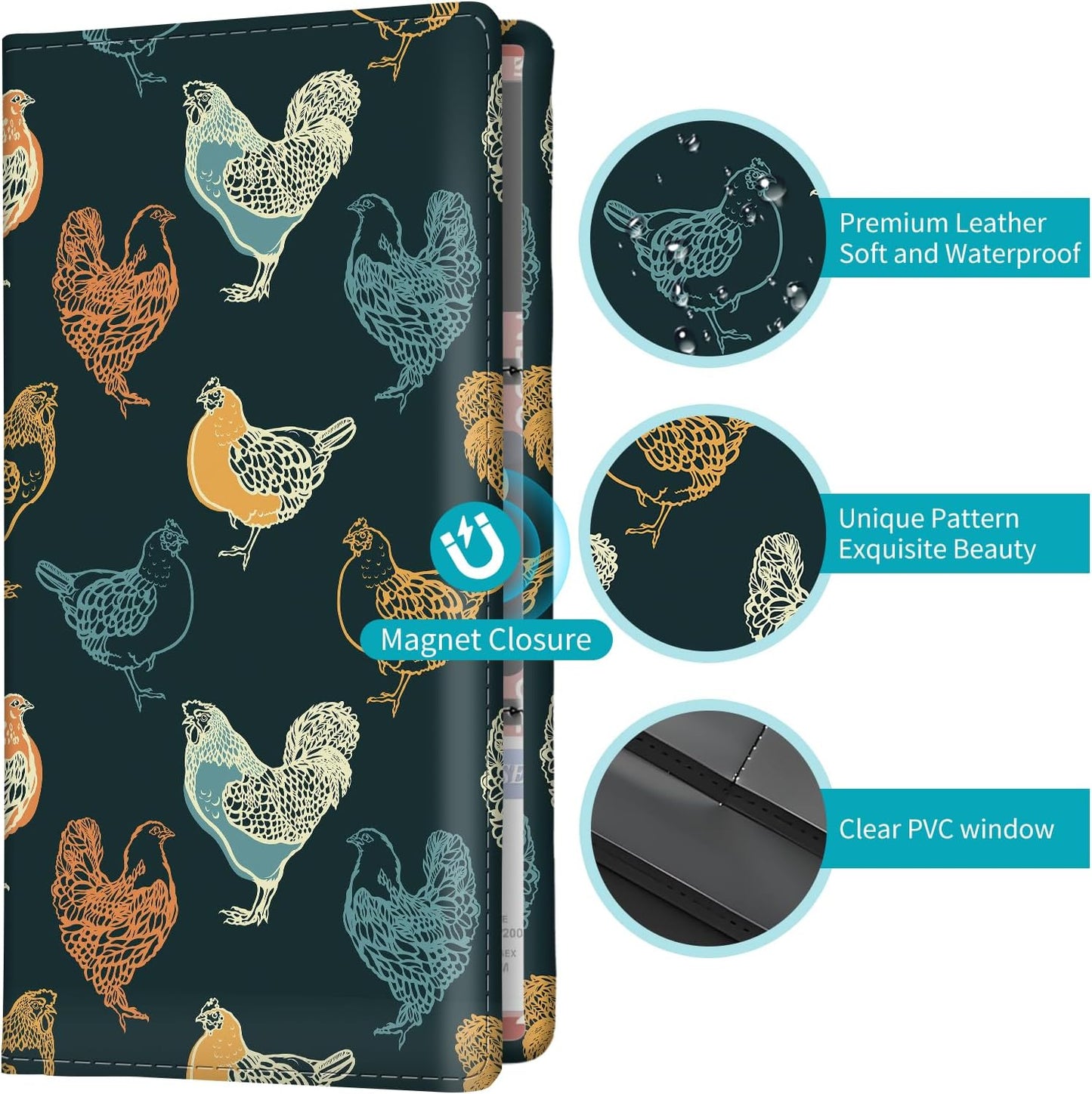 Car Registration and Insurance Holder with Magnetic Shut, Cute Vehicle Glove Box Car Organizer, Premium Interior Car Accessories for Women Men Boho Chicken Cute