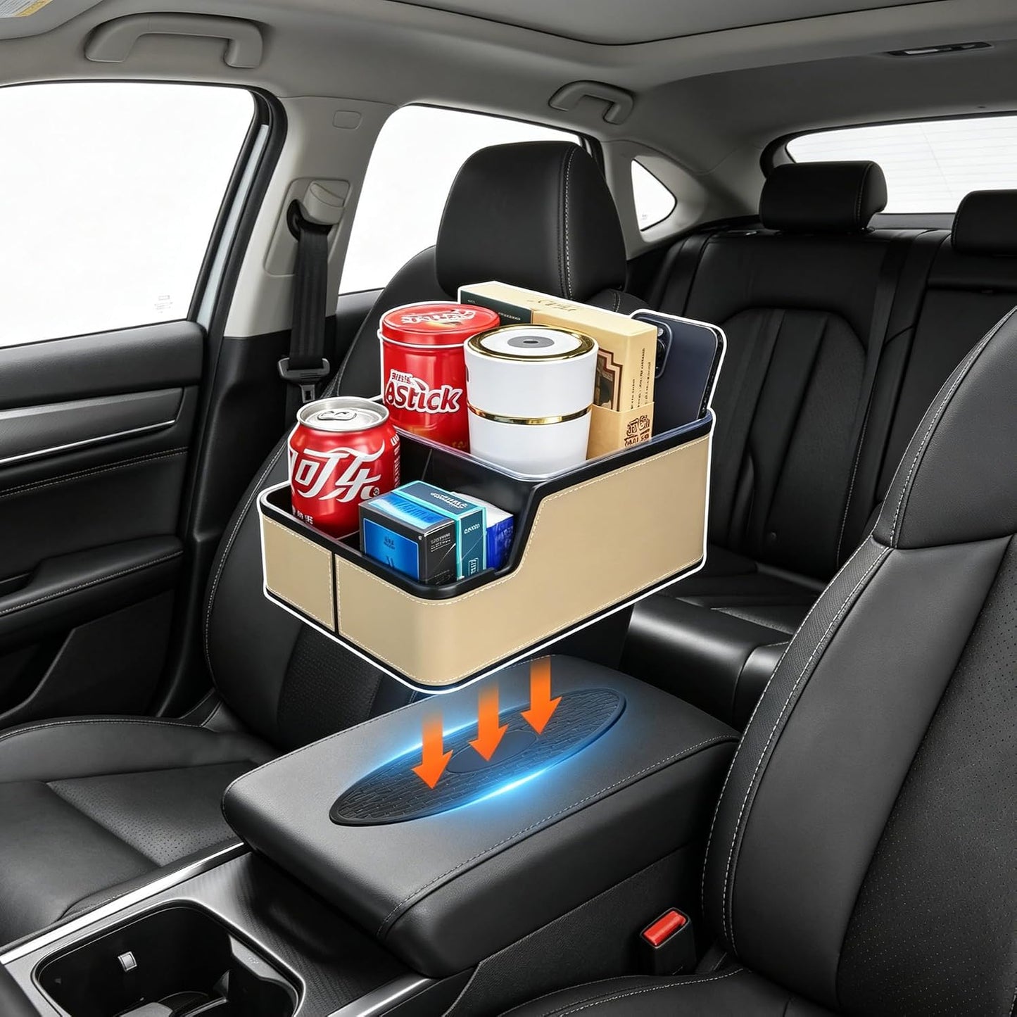 Car Organizer Between Back Seat,Car Armrest Storage Box with Compartment,Multifunctional Front Seat Organizer,Center Console Cup Holder Tray,Car Seat Organizer with Non-slip Mat(Beige)
