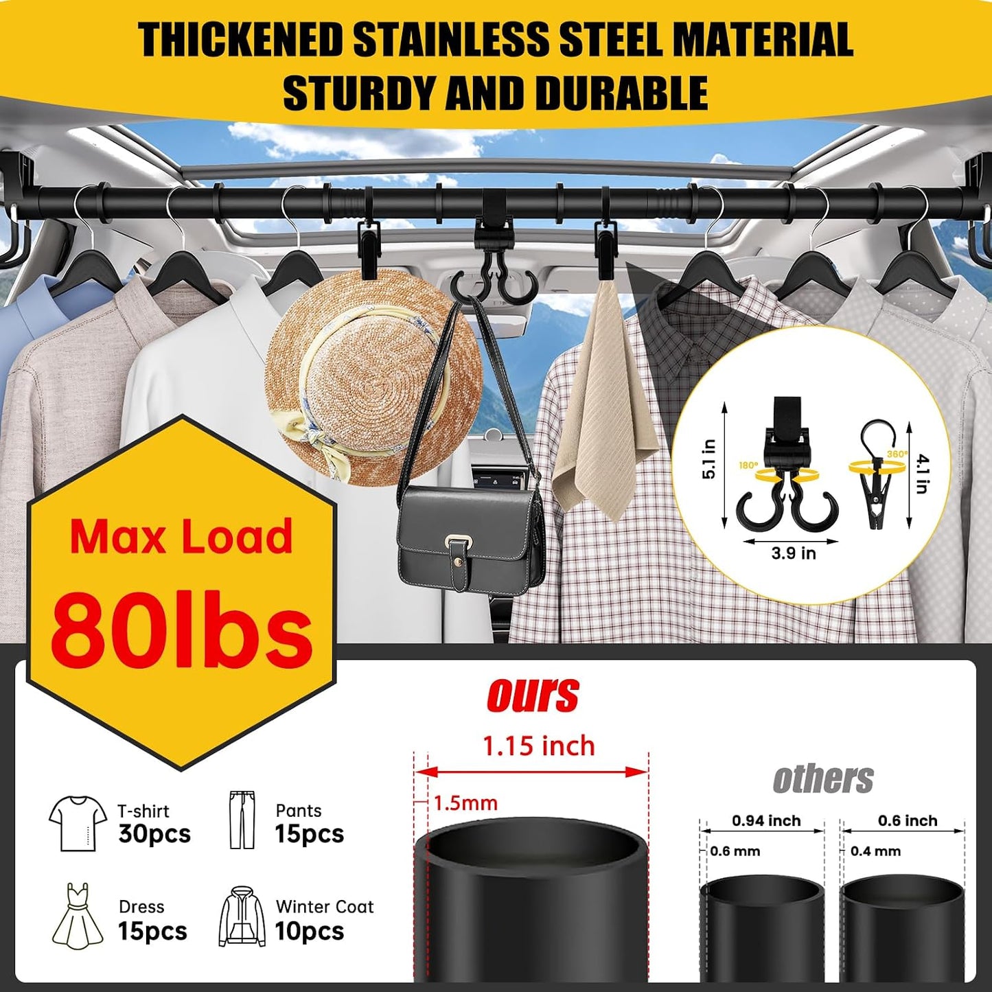 Car Clothes Hanger Bar 30-64 inches, Hold Up to 80lbs, 4Pcs Accessories | Adjustable; Strengthened Hooks, Silent, Non-Slip; Fit Most Vehicles; Perfect for car travel, business trips; Easy assembly