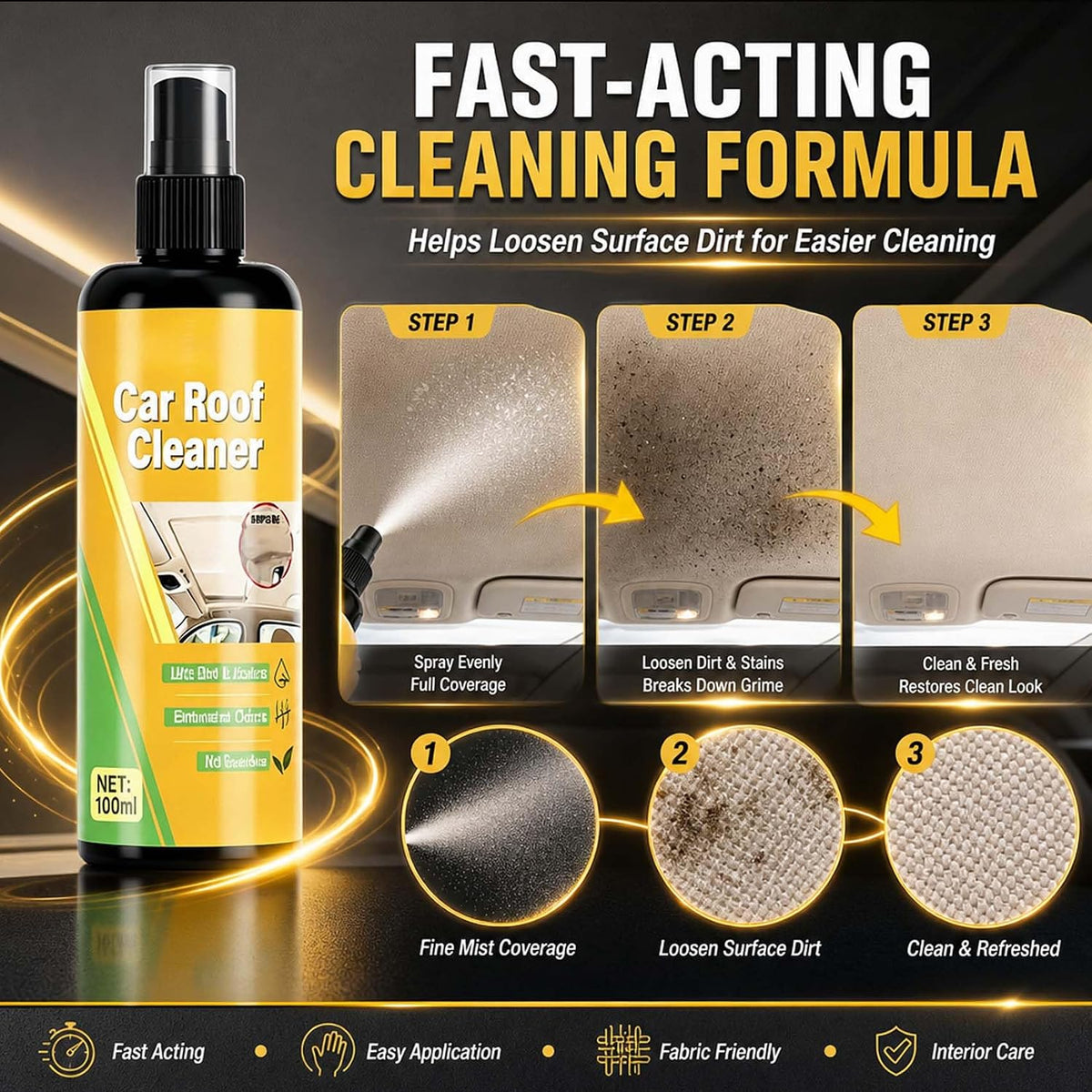 Deep Cleaning Car Roof Cleaner, Multi-purpose Car Headliner Deep Cleaning Cleaner, Multifunctional Cars Interior Roof Fabric cleaning Spray (2PCS)