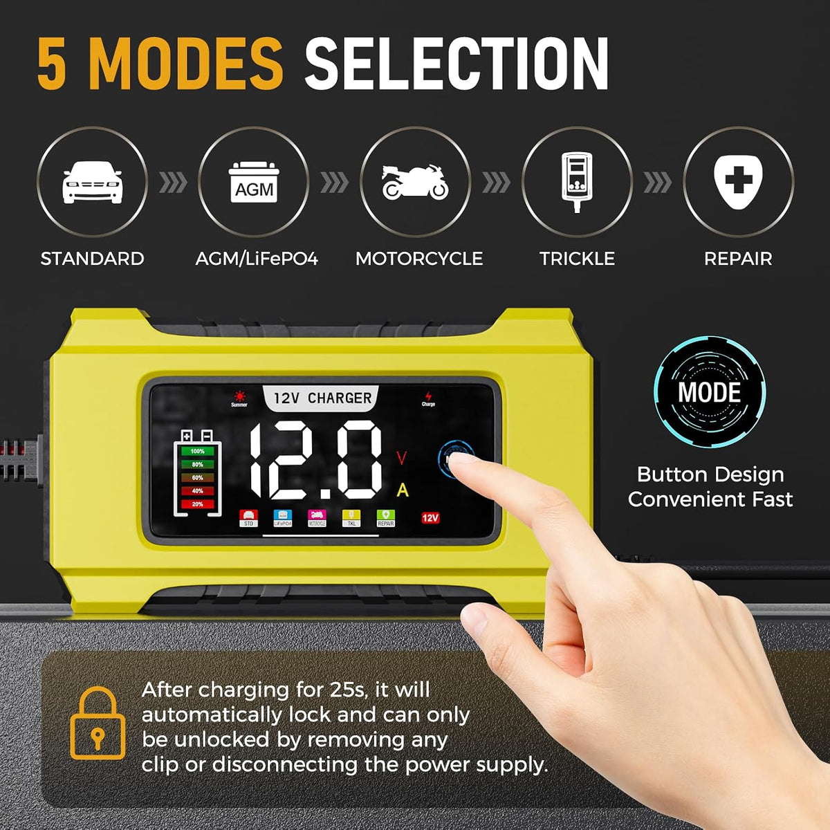 Automatic Car Battery Charger–12V 0-6A Adjustable Smart Trickle Charger with Battery Repair,Automatic Desulfation,Temperature Compensation Functions,Suitable for AGM,Gel,Deep Cycle,Lead-Acid Batteries