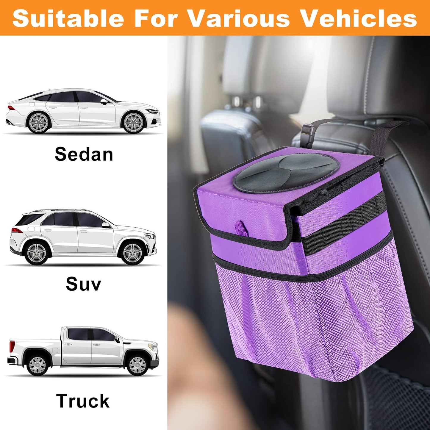 Car Trash Can Foldable Garbage Bin Leakproof 2.3 Gallons Car Trash Bag Purple