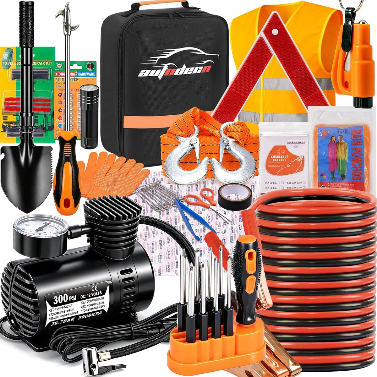 Car Emergency Roadside Assistance Kit with Jumper Cables Tire Inflator Automotive Kit for Car Vehicle（Orange）