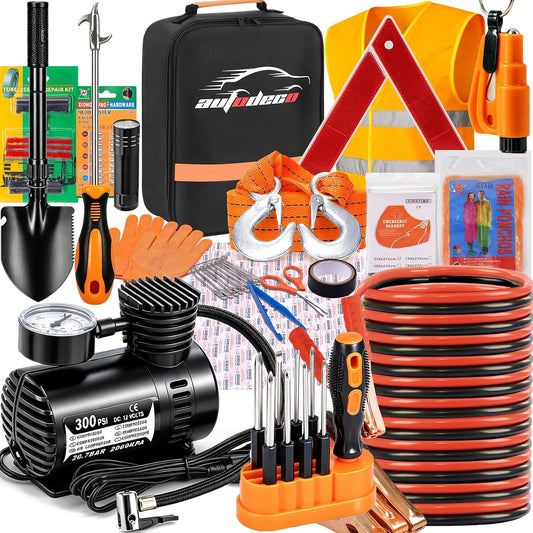 Car Emergency Roadside Assistance Kit with Jumper Cables Tire Inflator Automotive Kit for Car Vehicle（Orange）