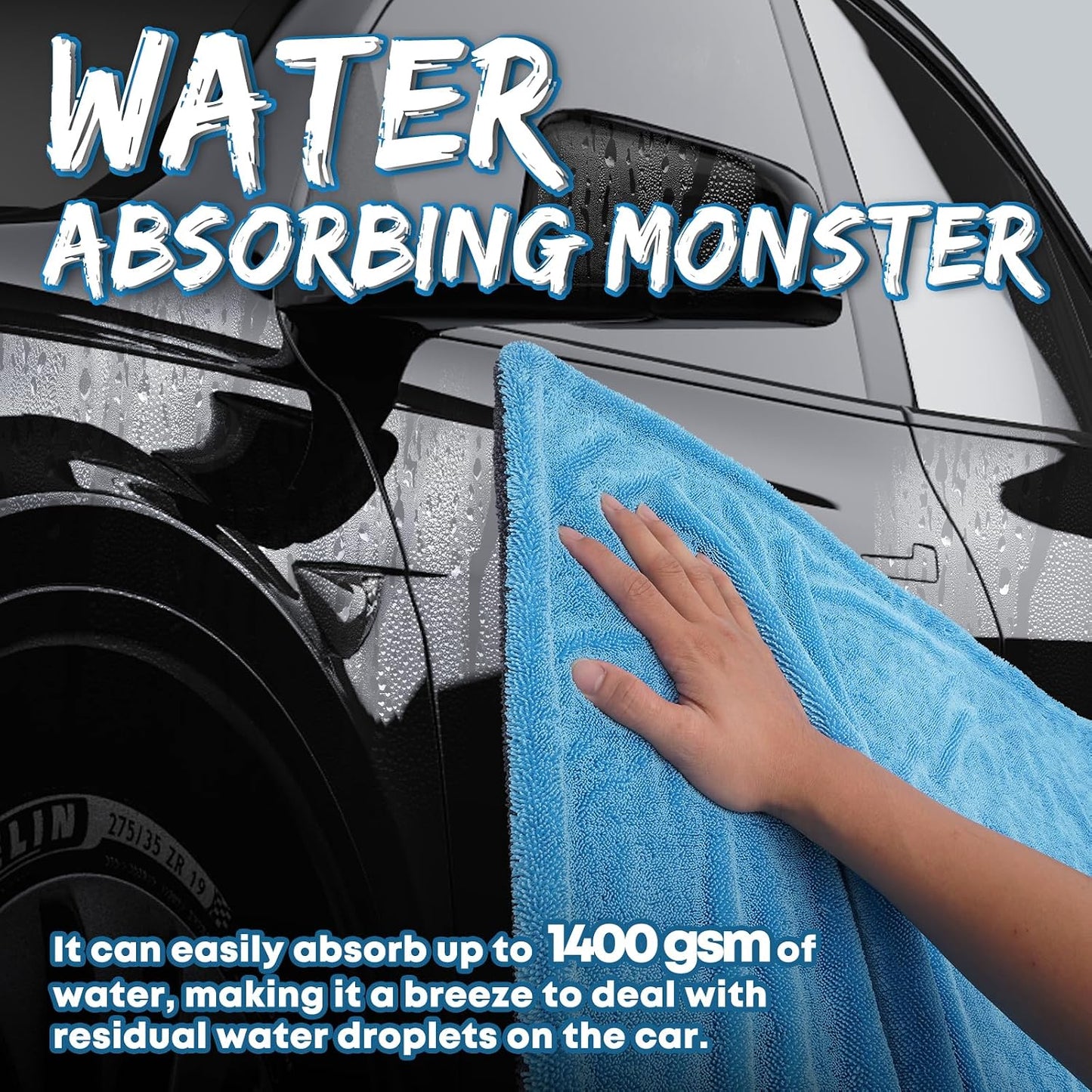 Metyond 48”x24” Car Drying Towel for Full-Sized SUV, Dual Sided Microfiber Car Cleaning Towel with Twisting Yarn Technique, 1400GSM Super Absorbent Scratch-Free, Machine Washable (Dark Gray - Blue)