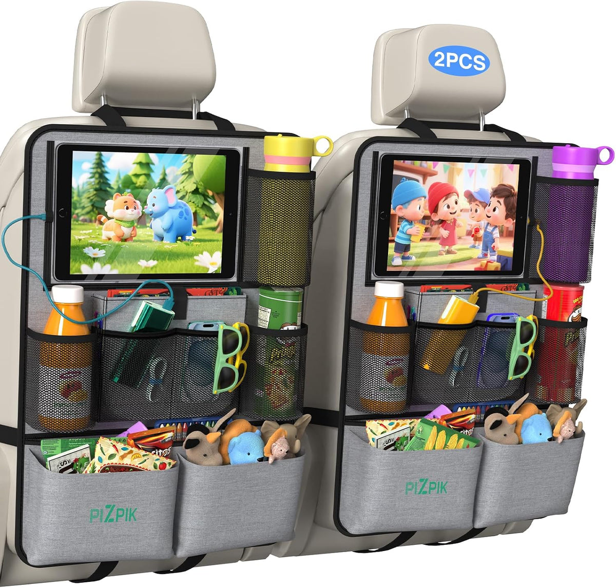 Plzpik Car Backseat Organizer with Tablet Holder,11 Storage Pockets with Foldable Food Tray, Protector Kick Mats for Kids, Travel Accessories Organizer (Gray, 2-Pack)