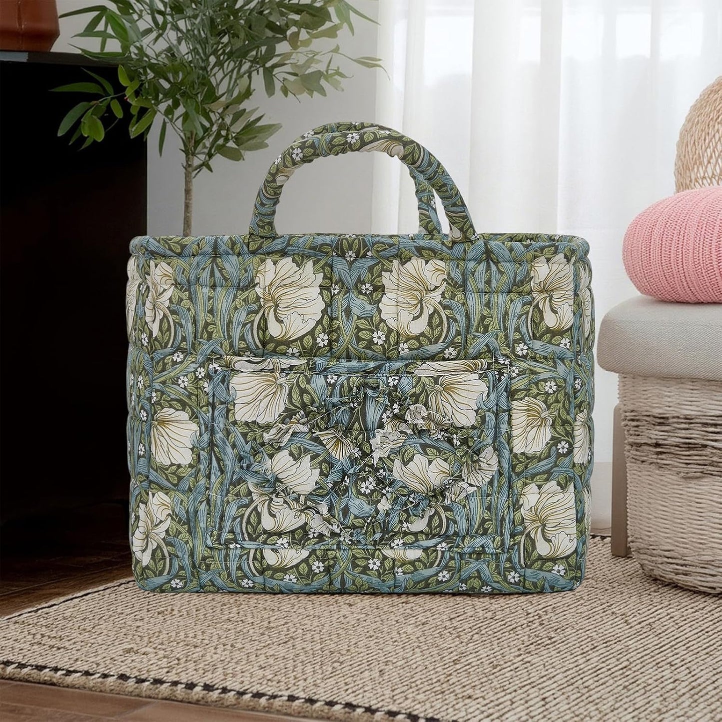 Car Storage Basket for Back Seat, Aesthetic Fabric Storage Basket for Clothes, Diapers & Toys, Multi-Purpose Quilted Basket - Boho Organizer Tote for Home, Travel & Picnic (E)