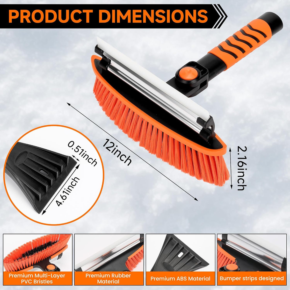 43" Ice Scraper for Car Windshield - 3-in-1 Extendable Snow Brush with 360° Pivot Head, Squeegee & Ergonomic Foam Grip for Christmas Car, SUV, Truck, Auto (Black/Orange)