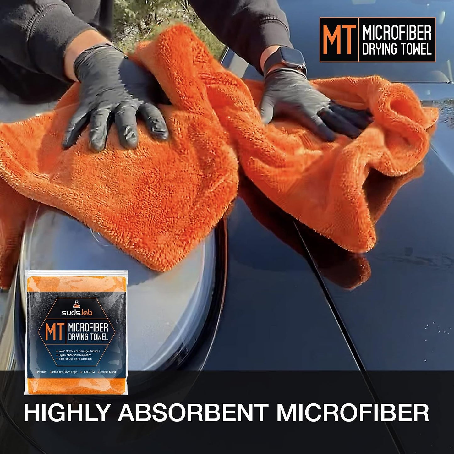 Suds Lab Large Microfiber Drying Towel (24 in x 35 in) Car Exterior Cleaning and Detailing Cloth, Safe On Plastic Trim, Glass, Carbon Fiber, Paint