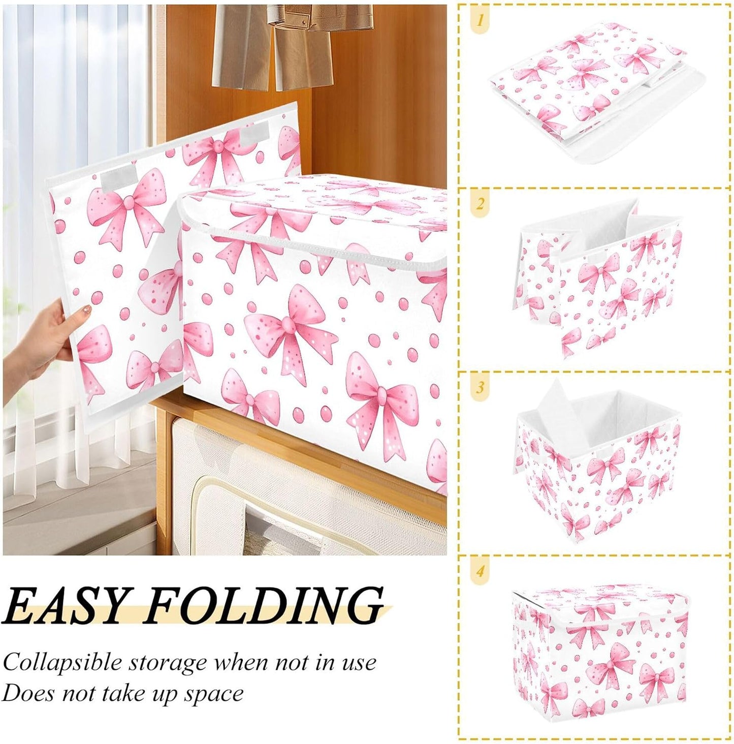 Bows and Polka Dots Storage Bins with Lids and Carrying Handle,Foldable Storage Boxes Organizer Containers Baskets Cube with Cover for Home Bedroom Closet Office