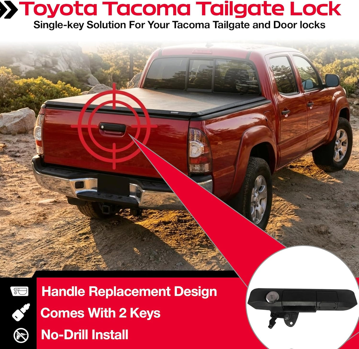 Pop & Lock PL5500 Toyota Tacoma Tailgate Lock 2005–2015 – Manual Handle Replacement, Includes 2 Keys, Anti-Theft Truck Bed Security, Easy Installation, Black