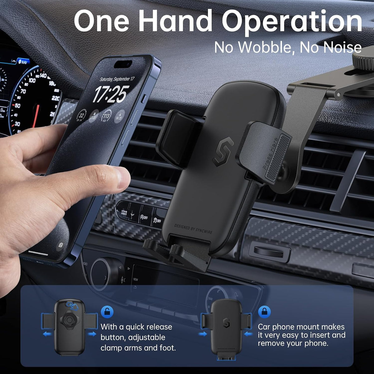 SYNCWIRE Car Phone Holder for Universal Dashboard [Super Stable] Car Phone Mount Foldable Aluminum Alloy Arm for iPhone 17 16 15 14 13 12 Series & All Phones