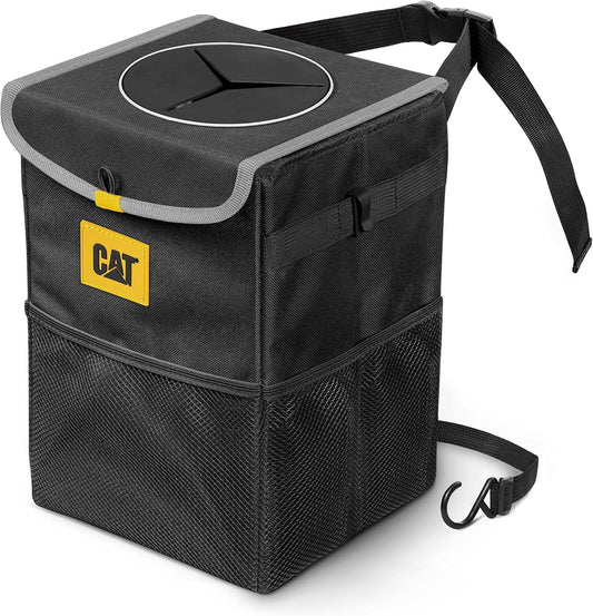 CAT® Car Trash Can Organizer with Lid Storage - Leak-Proof Automotive Organizer for Truck, Car, SUV, and Van with Multiple Pockets Expandable Waterproof Garbage Bin for Auto - Black