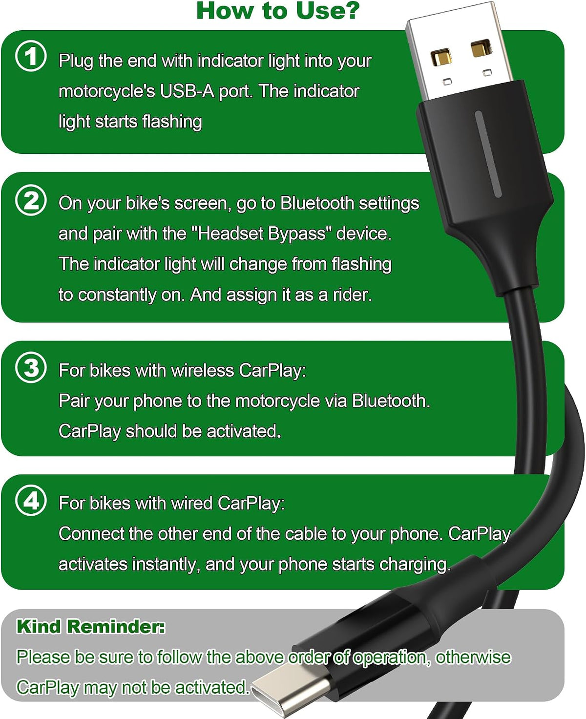 USB-A to C Bypass Bluetooth Headset CarPlay Cable for Motorcycle