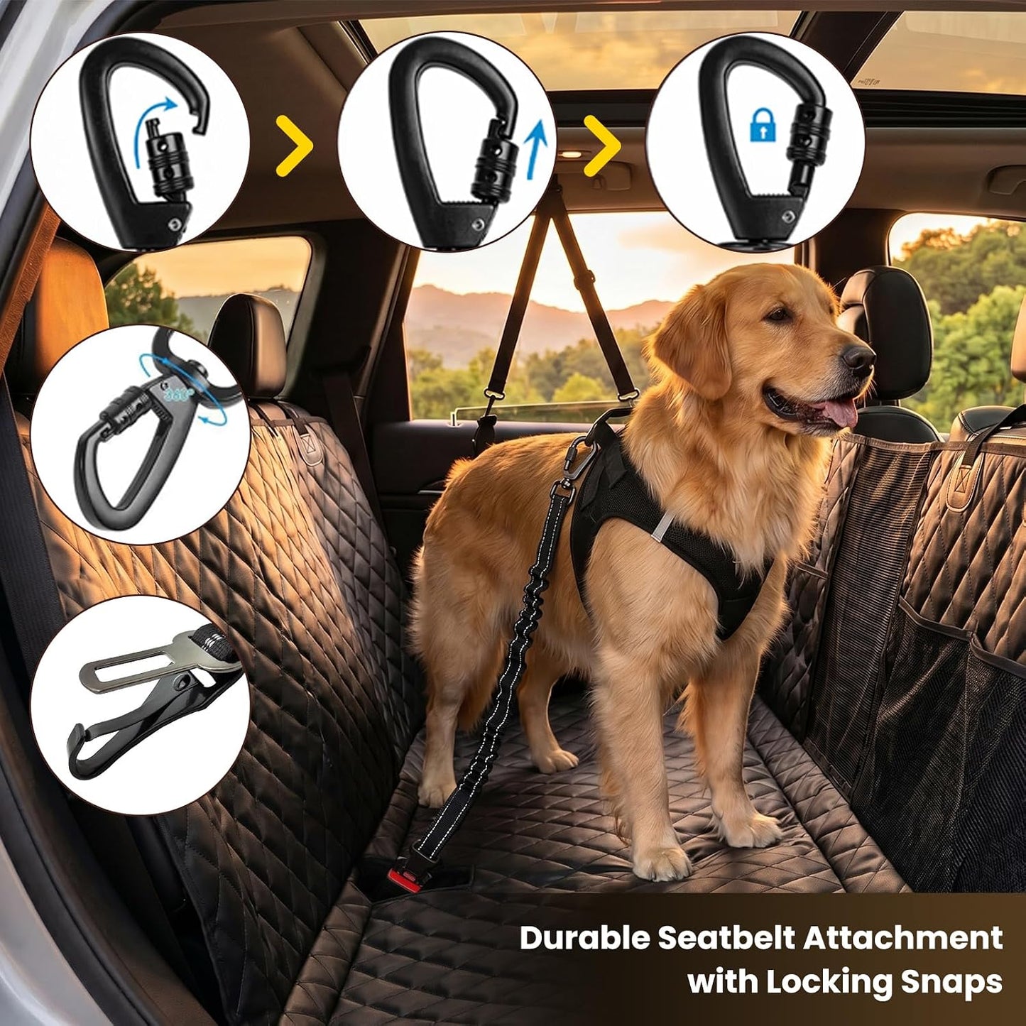 Dog Car Seat Belt 3-in-1, Escape Proof Dog Seatbelt for Car, Adjustable Pet Seat Belt with Shock Absorbing Bungee, Heavy Duty Dog Safety Belt for Small Medium Large Dogs, Black