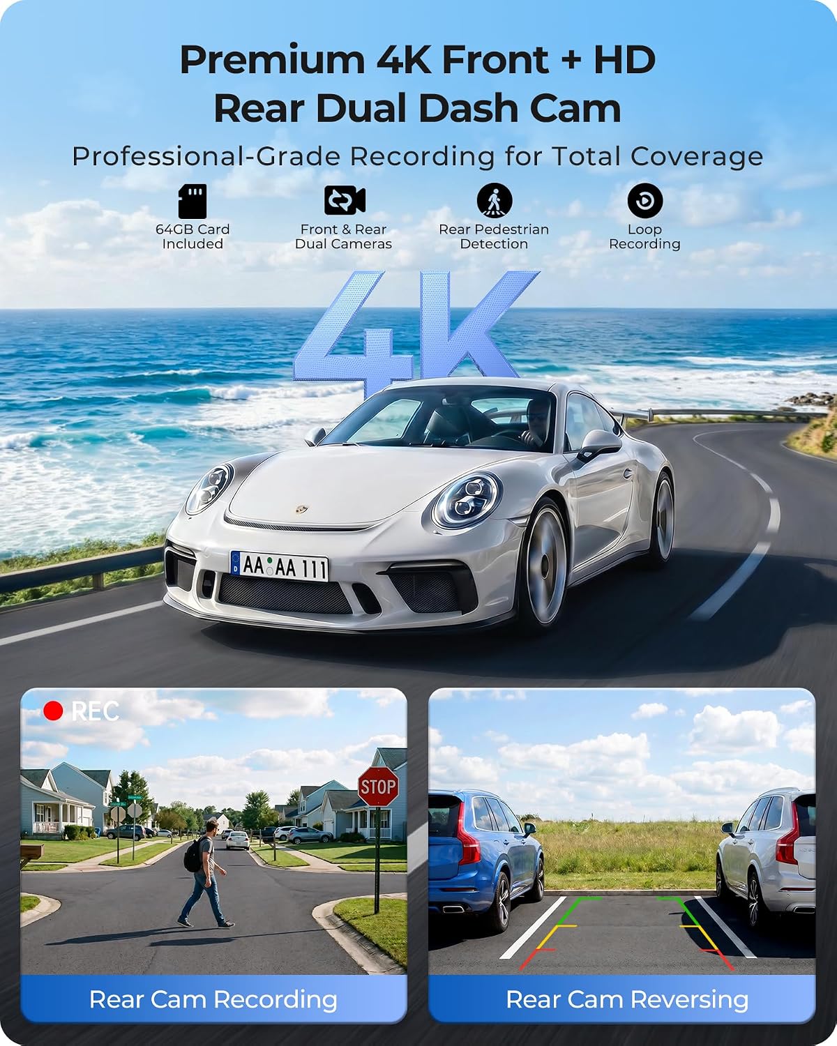 10.26" Wireless Portable 60FPS CarPlay Screen with 4K Front & HD Rear Dual Dash Cam for Apple Car Play & Android Auto 1920*720 Fully Laminated Tablet with Mirror Link, Bluetooth, GPS Navigation