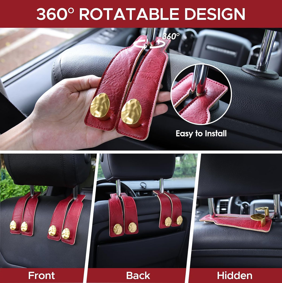 Leather Car Purse Hook for Headrest, 2 Pack (Red-Gold)