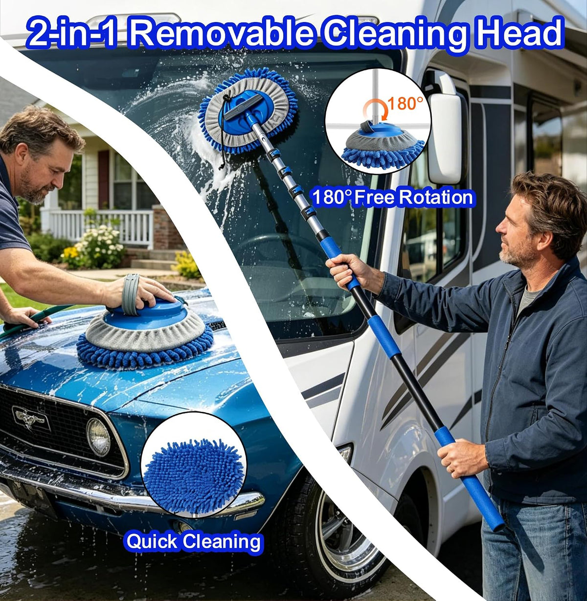 AgiiMan Car Wash Brush with Long Handle, 1.4-4.4FT Telescoping Car Cleaning Kit, Soft Bristle RV Wash Brush and Car Wash Mop for Car Truck SUV RV Boat Solar Panel House Siding Exterior Washing
