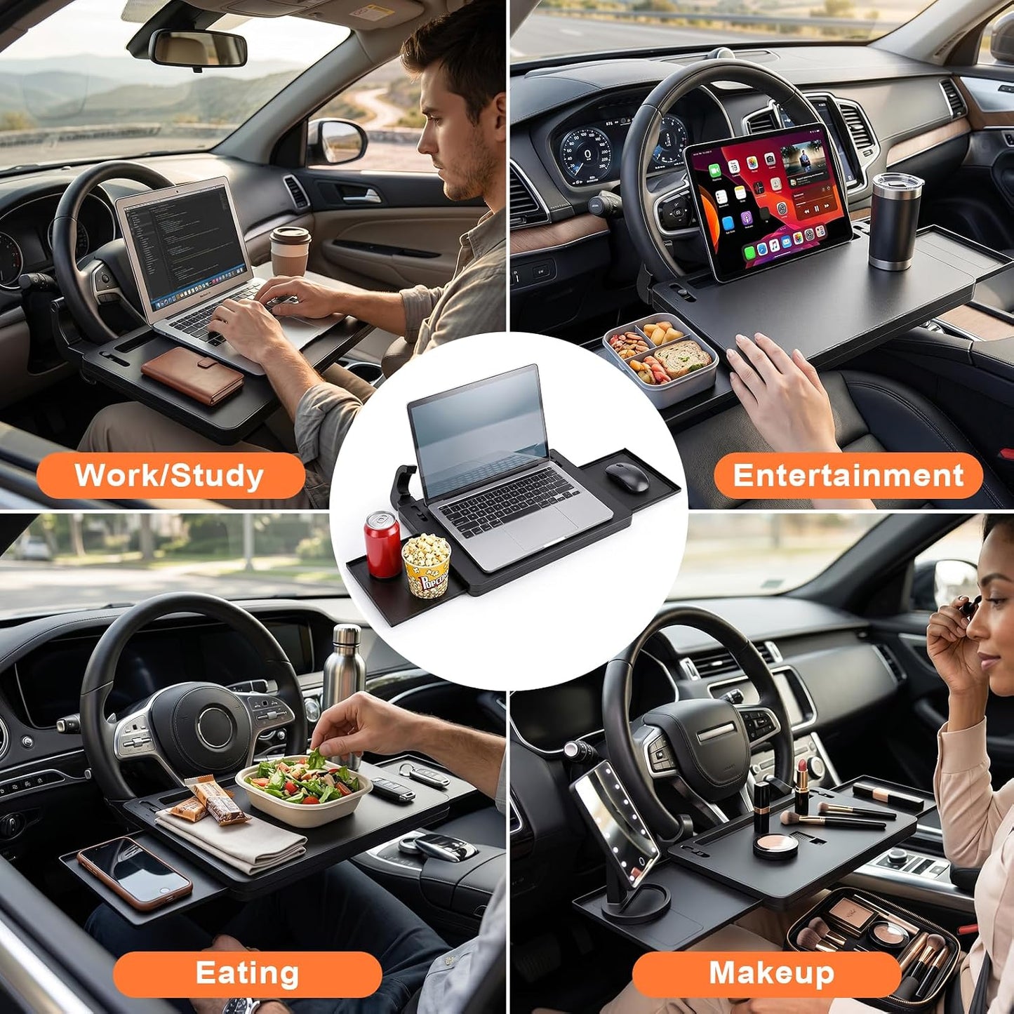 Extendable Steering Wheel Tray, Adjustable Car Desk for Laptop and Tablet, Car Food Tray with Expandable Side Panels and Locking Clip Support for Eating, Working