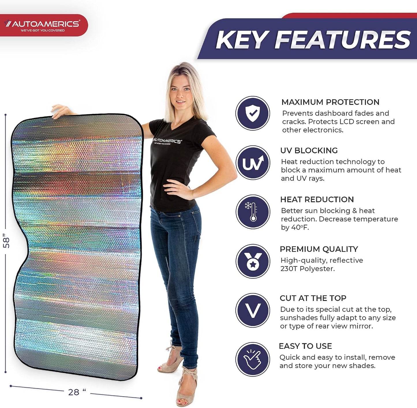 Autoamerics Holographic Car Windshield Sun Shade – Reflective Accordion Sunshade Blocks UV Rays & Heat – Front Windshield Cover for Cool Interior – Large 28 x 58 in – Universal Fit