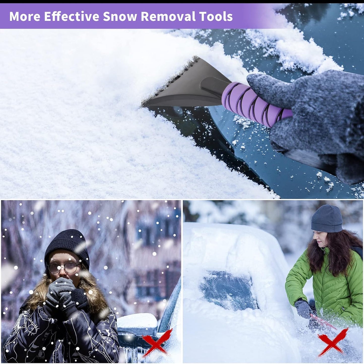 OUSHASAA 2 Pack 27" Snow Brush and Ice Scraper for Car Windshield - Purple | Soft Non-Scratch Bristles, Non-Slip Foam Grip, Detachable Design, Car Snow Removal Tool for Windshields & Windows