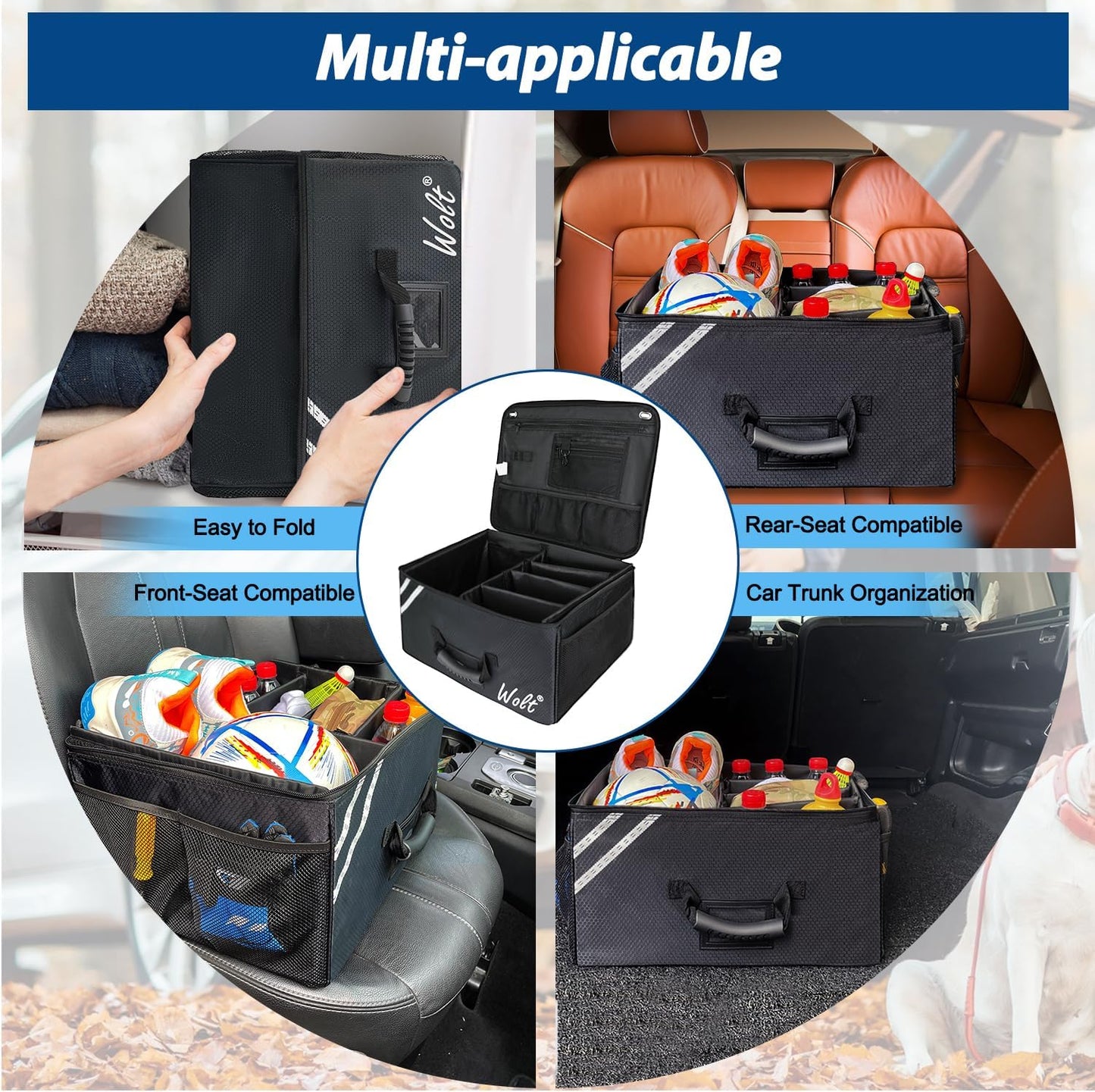 WOLT Car Trunk Organizer with Lid, Collapsible Multi Compartment SUV Organizer with Non-Slip Base Adjustable Straps