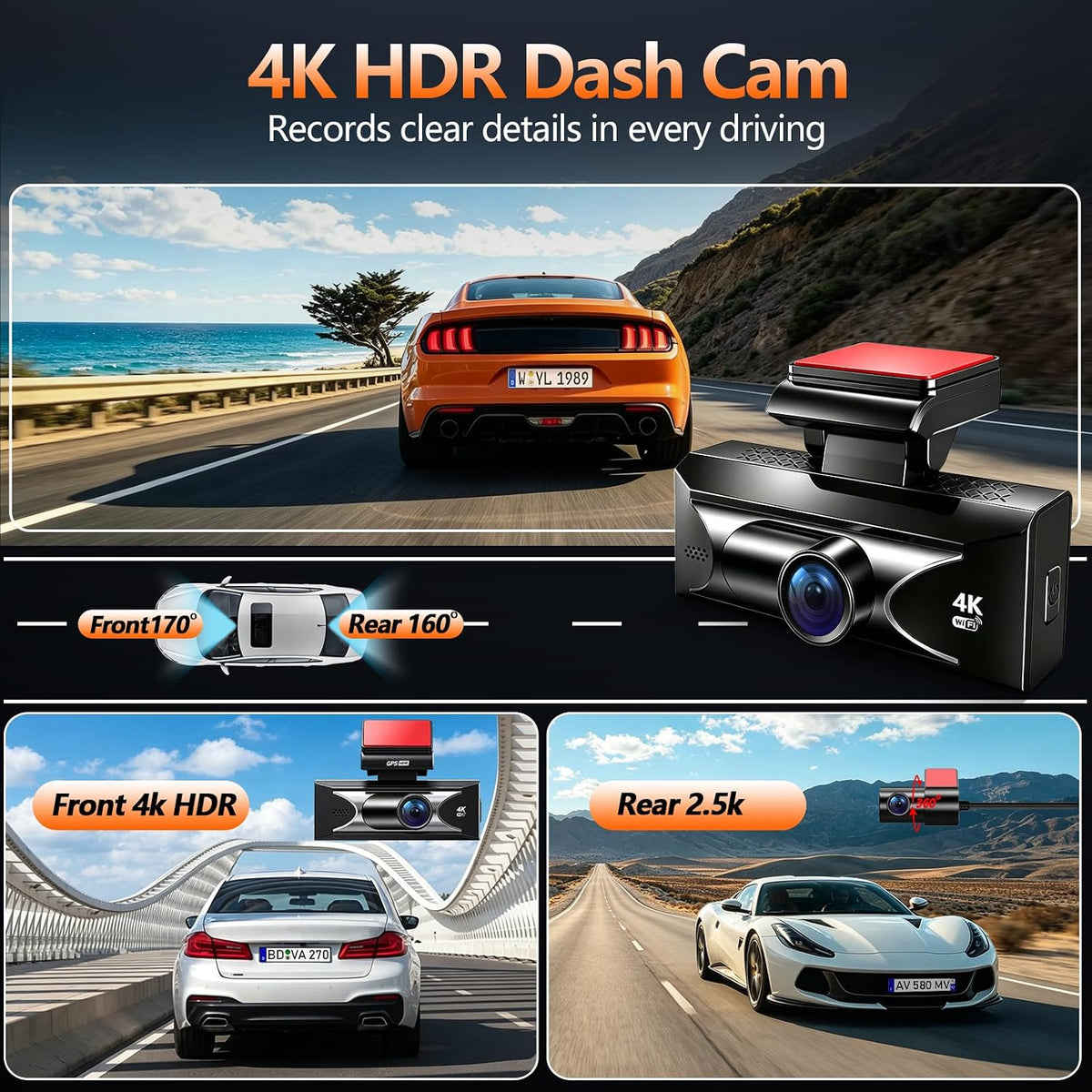 4K Dash Cam Front and Rear, 2.5k Rear,Starlight Night Vision G Sensor ADAS