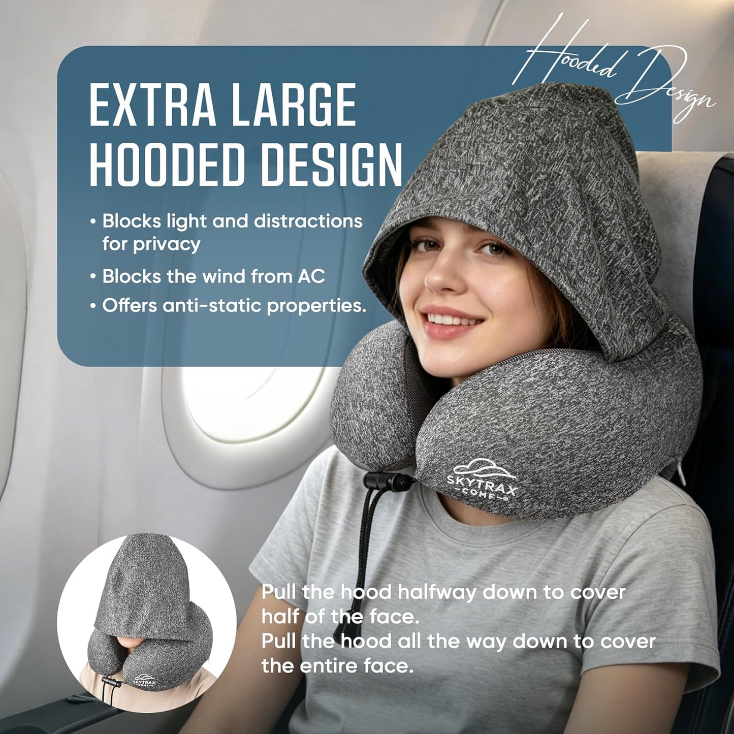 SkytraxComf® Travel Neck Pillow with Hood for Privacy on Long Flights | Memory Foam | Airplane Sleep | Safety-Tested Materials | Extra Large Hood | Chin Support | Earplugs | Washable Cover