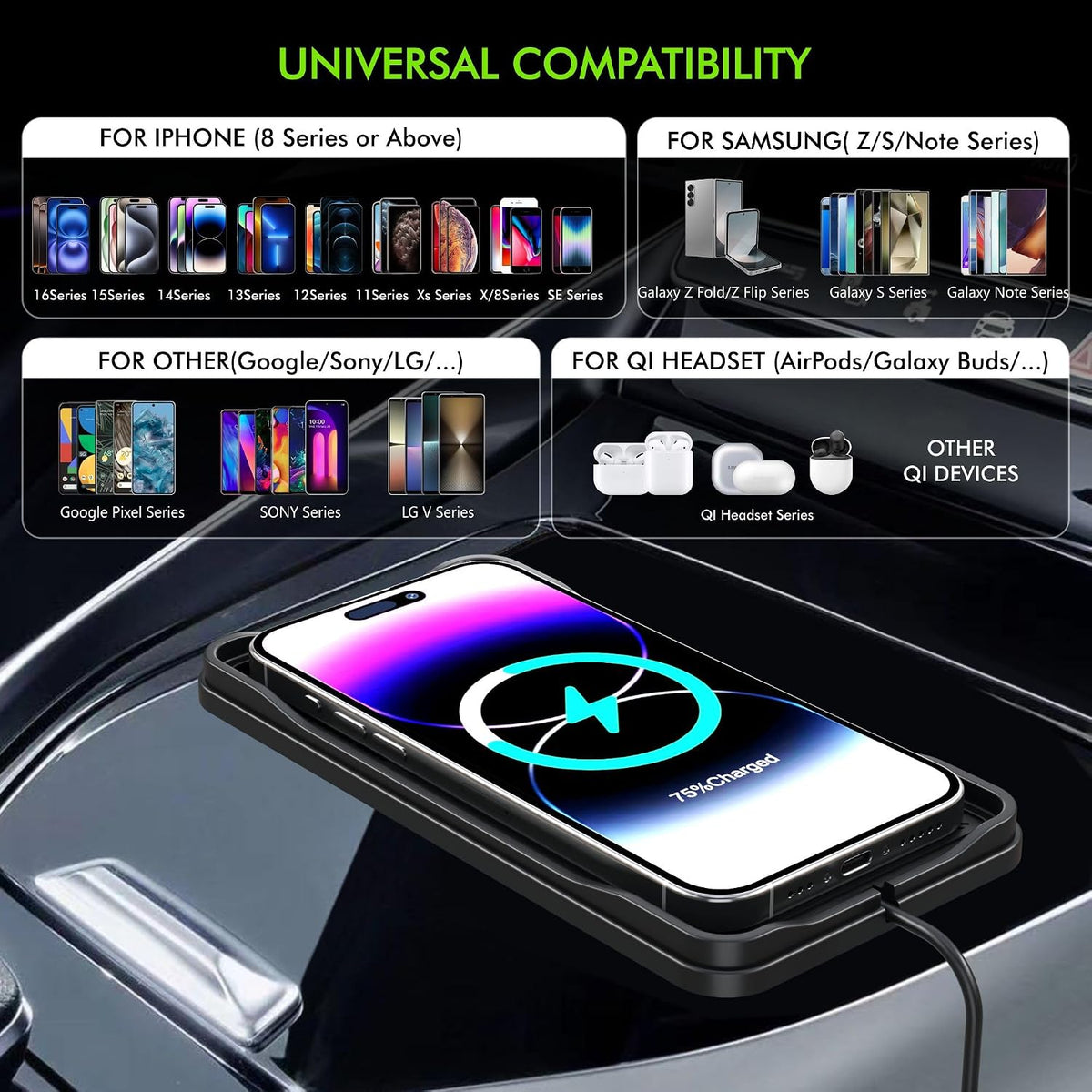 Wireless Car Charger Pad with 20W Car Adapter, 15W Fast Wireless Charging Pad for Car Dashboard Console, Non Slip Phone Charger Compatible with iPhone 17/16/15/14/13/12, Samsung Galaxy, AirPods