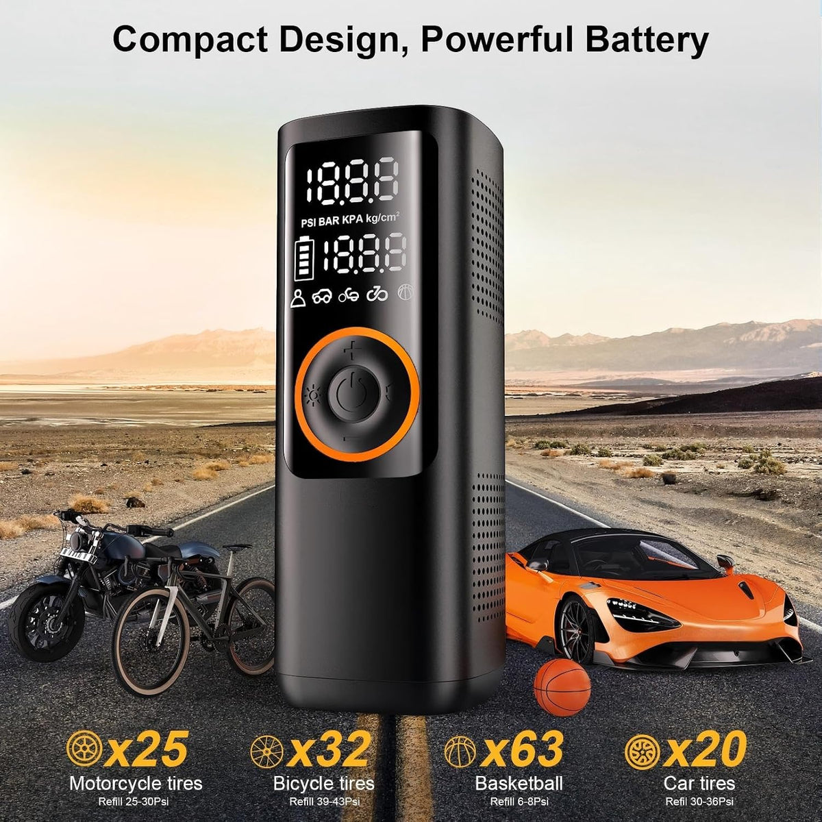 Tire Inflator Portable Air Compressor - 7800mAh Air Pump for Car Tires, 150PSI Cordless Tire Pump with Pressure Gauge & LED Lights - 4X Faster for Car, Motorcycle, Balls and Bicycle, Black