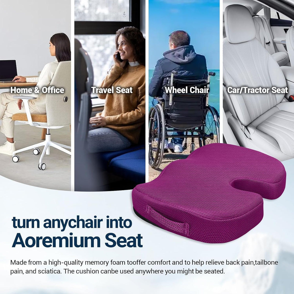 Season Guard Gel Memory Foam Seat Cushion for Tailbone Pain Relief, Purple