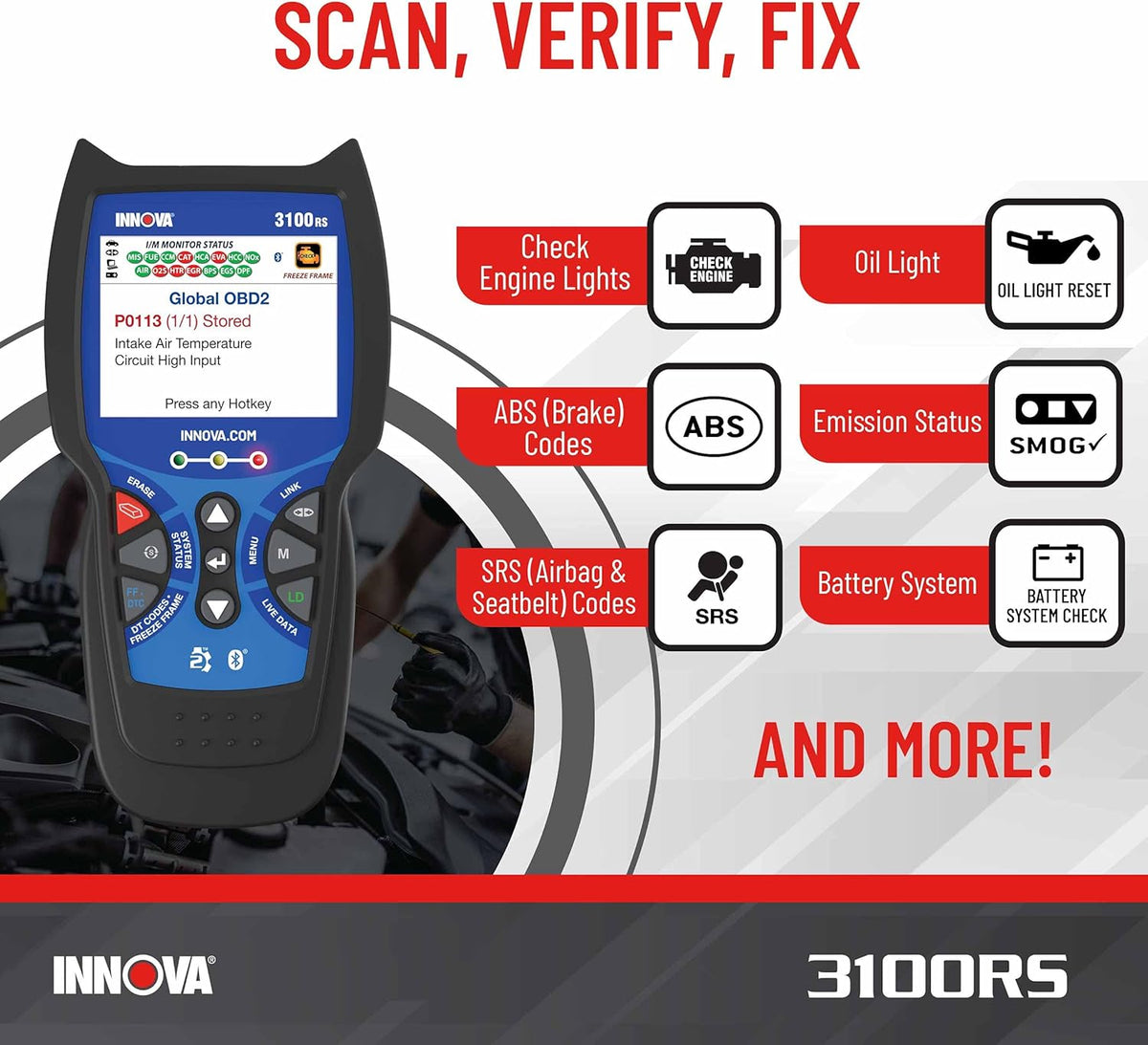 INNOVA 3100RS, OBD2 Scanner, ABS SRS Airbag Scan Tool with Airbag Light & Oil Light Reset, Stream Graph & Record Live Data, Get Suggested Repair & Parts on iPhone or Android