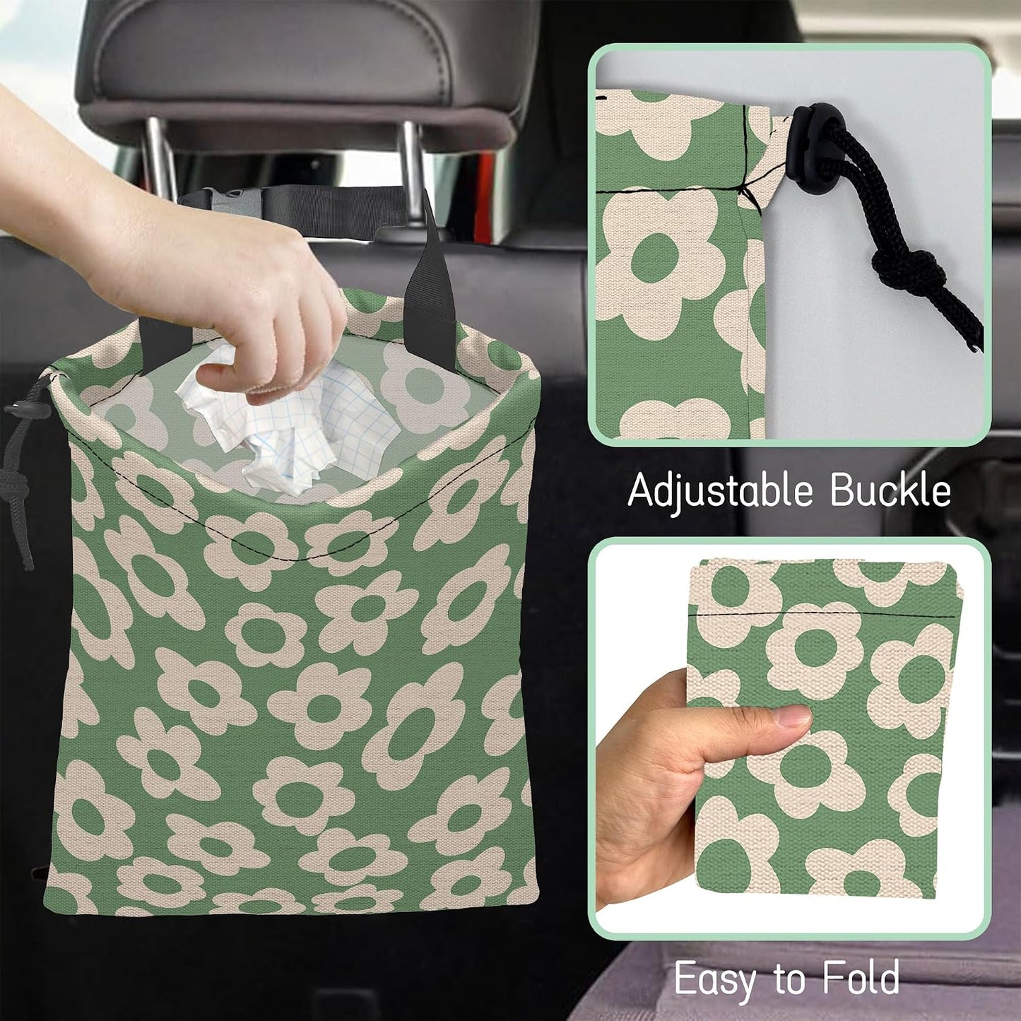 Groovy Florals Car Garbage Bag,Waterproof Small Car Trash Bag Hanging Back of Seat,Drawstring Hanging Car Trash Bag with Adjustable Buckle for Car Accessories