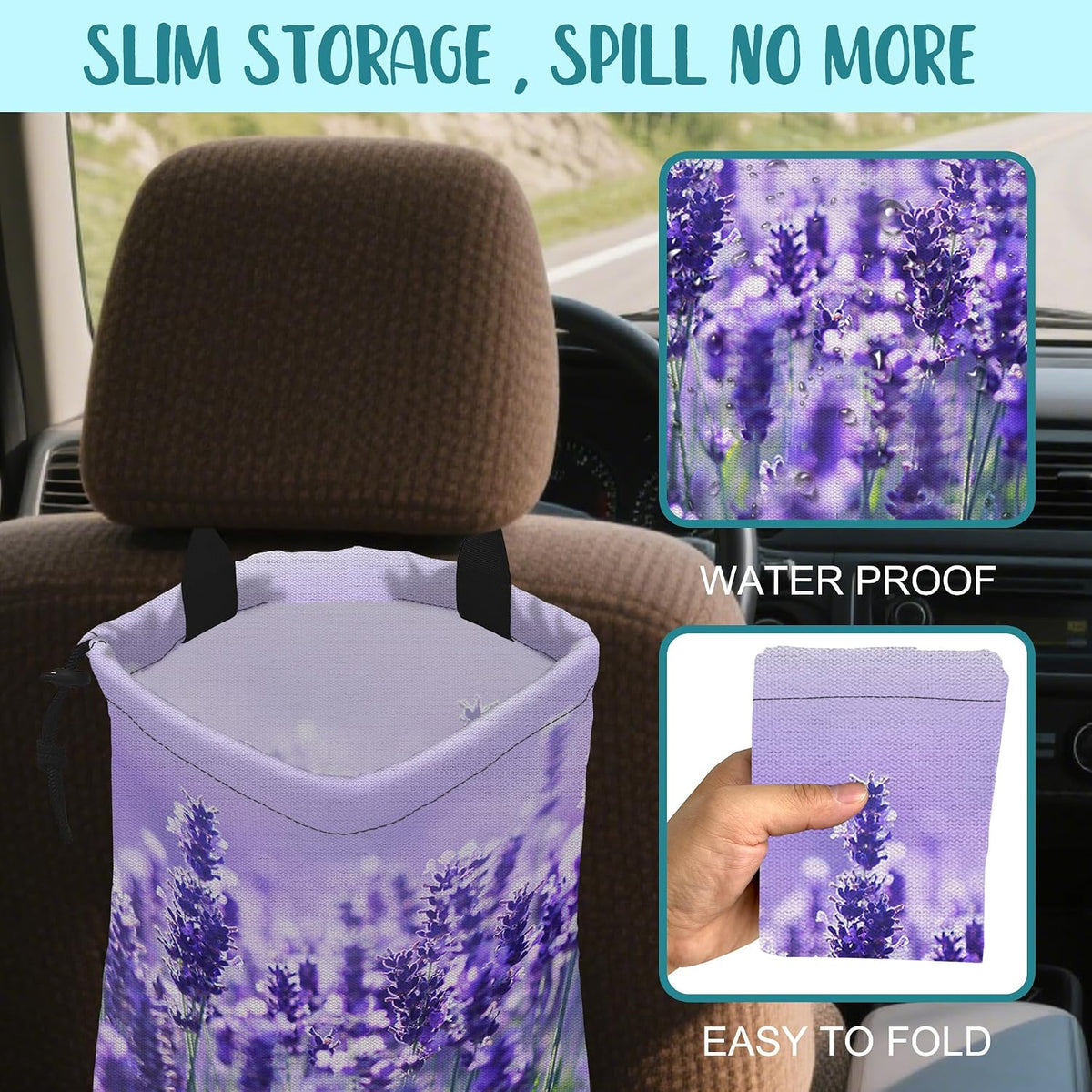 Car Garbage Bag Purple Lavender Flowers Drawstring Car Trash Bag Hanging for Back Seat with Adjustable Buckle Canvas Vehicle Trash Can Easy-to-Install